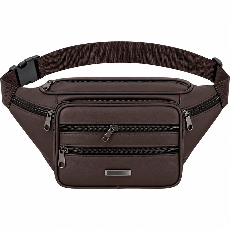 (image for) 1442 Black Leather Bum Bag W/6 Zips (New)